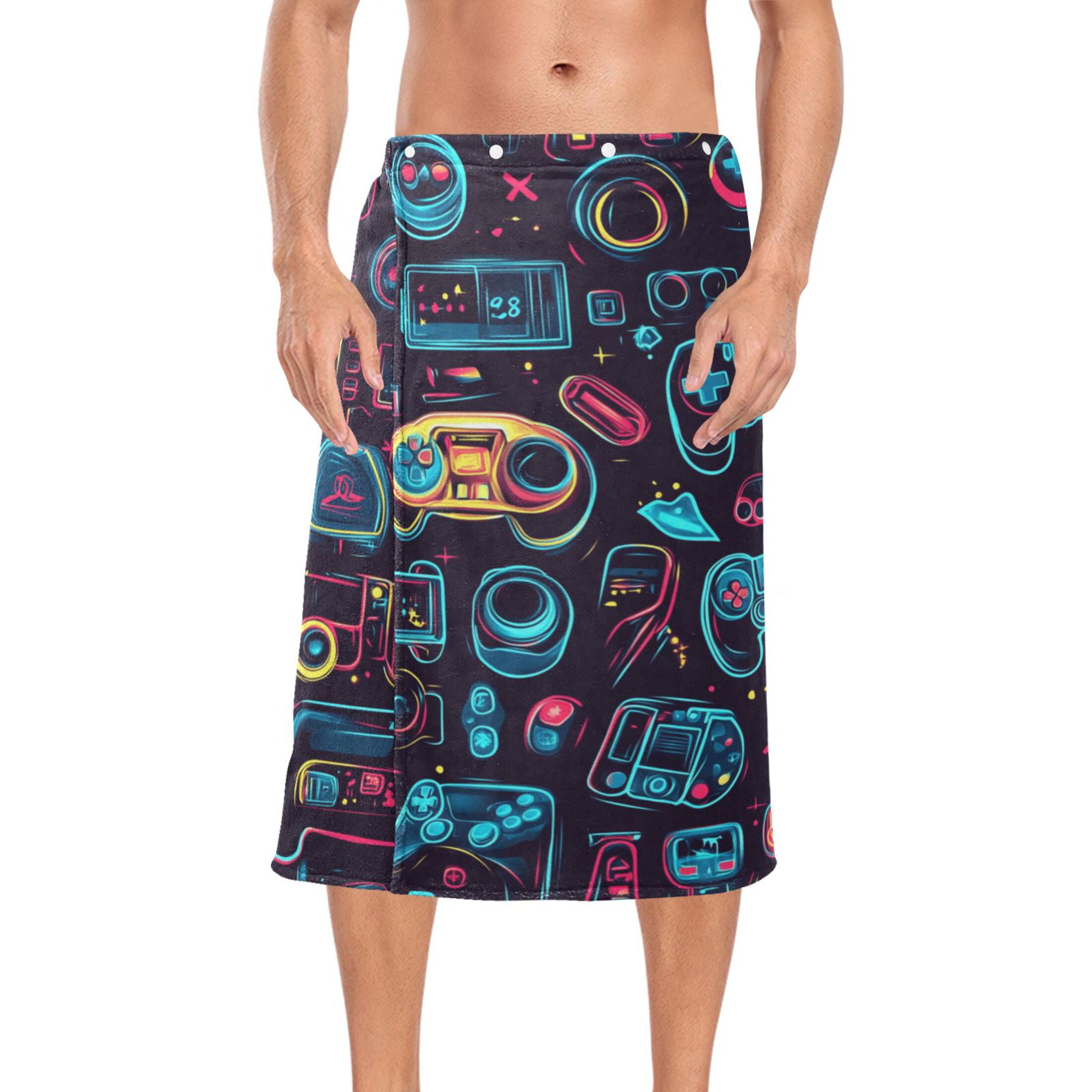 Mens Shower Wrap Adjustable Bath Wrap Towel Body Towels for Gym Shower Sauna Spa Neon Game Controllers 60x28