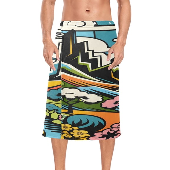 Mens Shower Wrap Adjustable Bath Wrap Towel Body Towels for Gym Shower Sauna Spa Vibrant Woodblock Landscapes 60x28