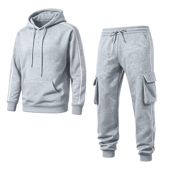 Mens Side Stripe Cargo Hoodie Sweatsuit 2 Piece Set Pullover Drawstring Hooded Sweatshirt & Tapered Jogger Pants Athletic Gym Tracksuit