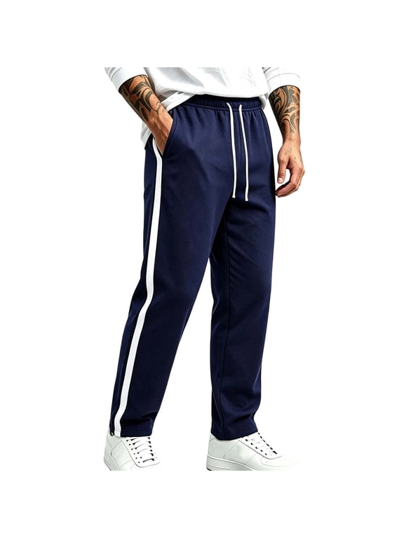 Mens Side Stripe Drawstring Elastic Waist Lightweight Track Pants Comfy Casual Streetwear Workout Running Gym Training Wear(Navy,XXXL)