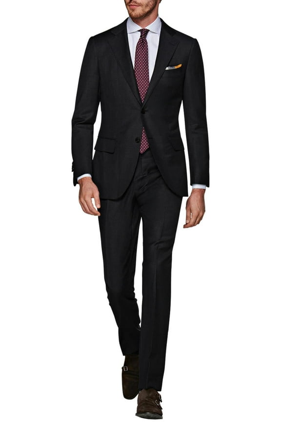 Mens Side Vent 2-piece Black Cotton Modern Fit Suit Luciano