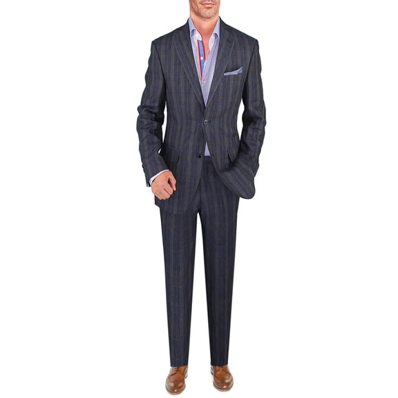 Mens Side Vent 2-piece Navy Windowpane Linen Modern Fit