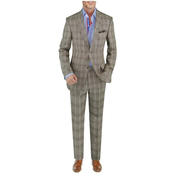 Mens Side Vent 2-piece Taupe Windowpane Linen Modern Fit