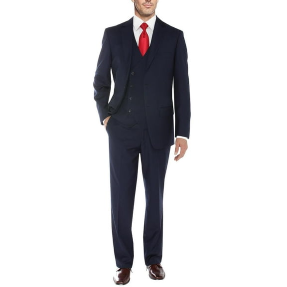 Mens Side Vent 3 Piece Navy Modern Fit Vested Suit