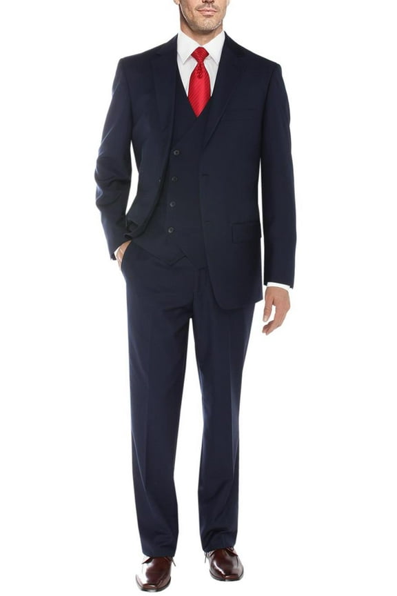 Mens Side Vent 3 Piece Navy Modern Fit Vested Suit