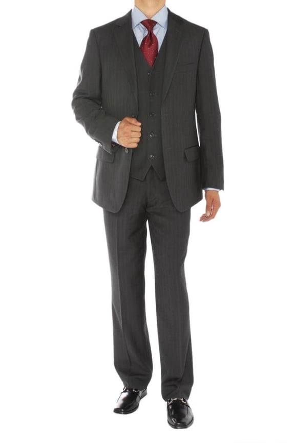 Mens Side Vent 3-piece Charcoal Cotton Modern Fit Suit DTI
