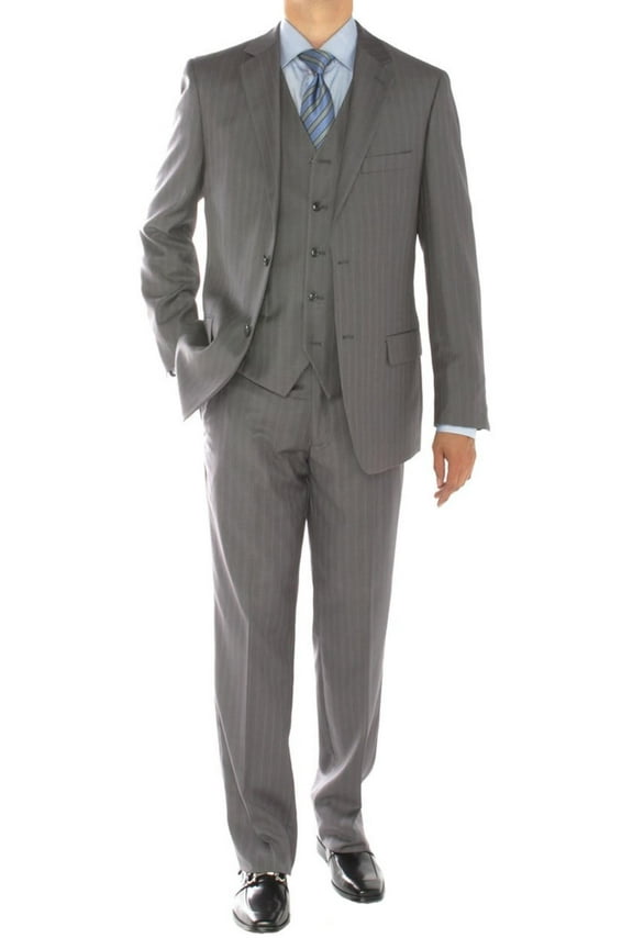 Mens Side Vent 3-piece Grey Cotton Modern Fit Suit DTI