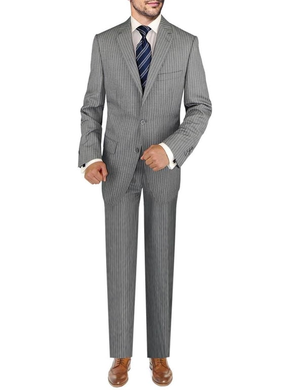 Mens Side-vent 3-piece Gray Stripe Wool Trim Fit Suit DTI