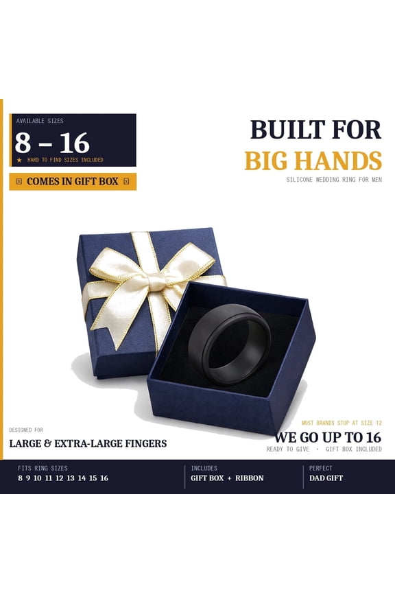 Men's Black Silicone Wedding Band Ring with Gift Box – Flexible, Non-Conductive, Safe for Work & Sports Size 13