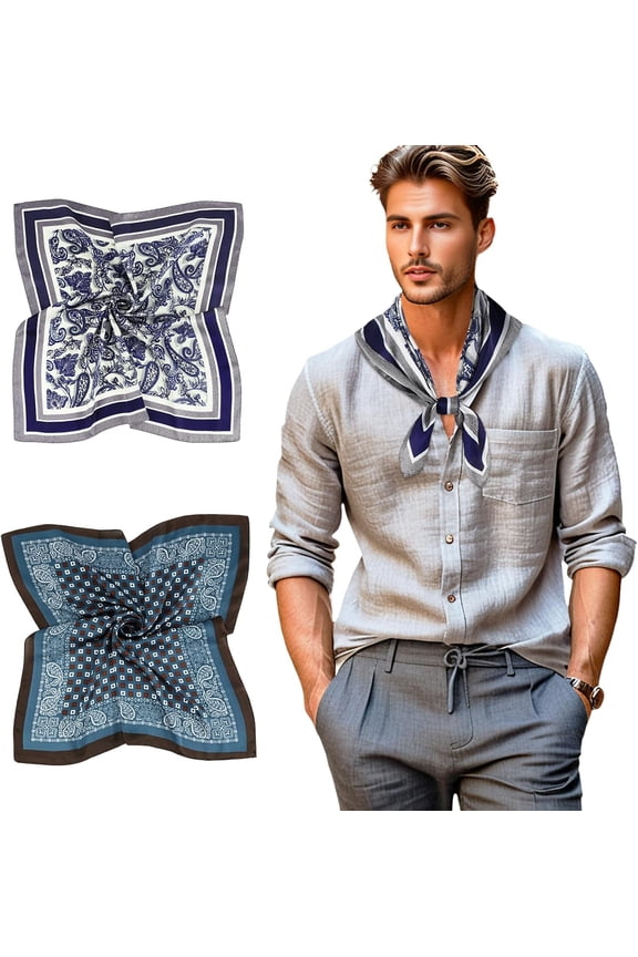 Mens Silk Feel Scarf 2 Pack, 27 Inch Neckerchief Ascot, Novelty Head Bandana Wrap