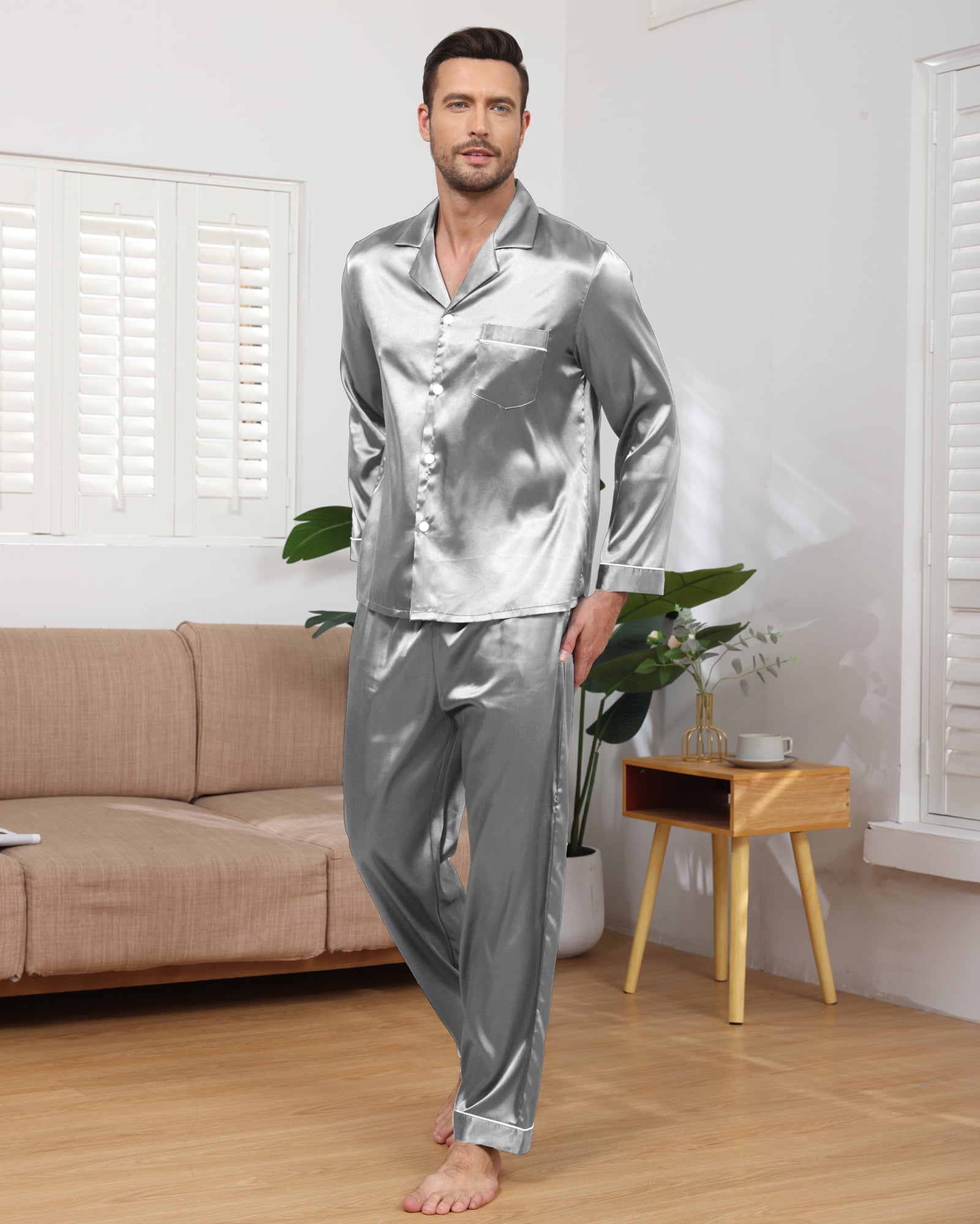 Mens Silk Pajamas Set Long Sleeve Satin Pajamas Set for Men 2 Piece ...