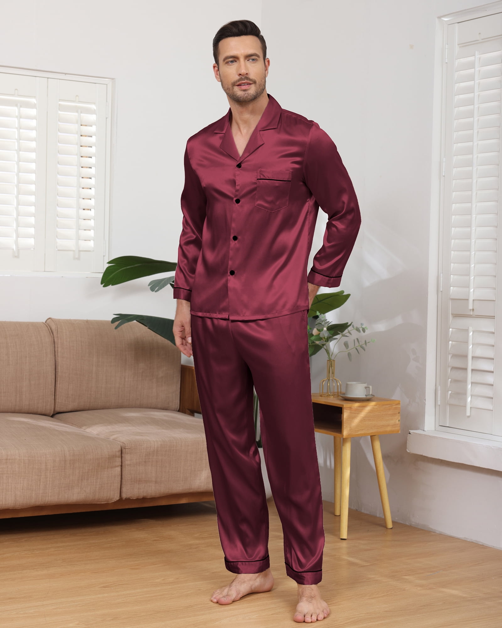 Mens Silk Pajamas Set Long Sleeve Satin Pajamas Set for Men 2 Piece ...
