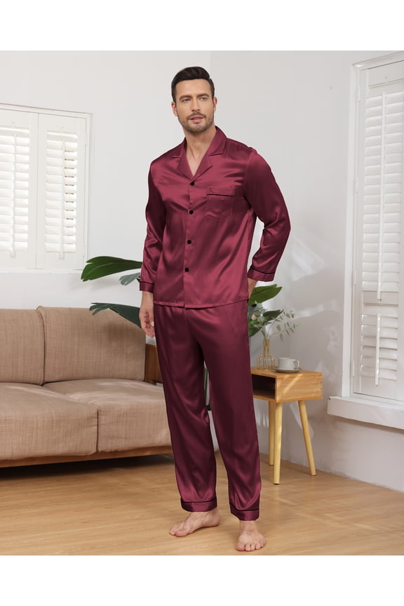 Mens Silk Pajamas Set Long Sleeve Satin Pajamas Set for Men 2 Piece Mens Button Down Pajamas Set with Long Pants Mens Silk Loungewear Sets with Pockets, S-XXL