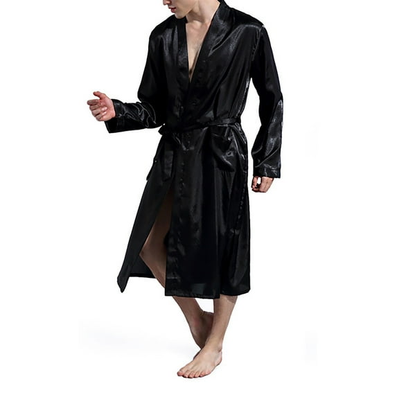 Mens Silk Robe Men Bathrobes Kimono Cotton Robe Thin, Solid Color, Plus Size, Cardigan Black Black Robe