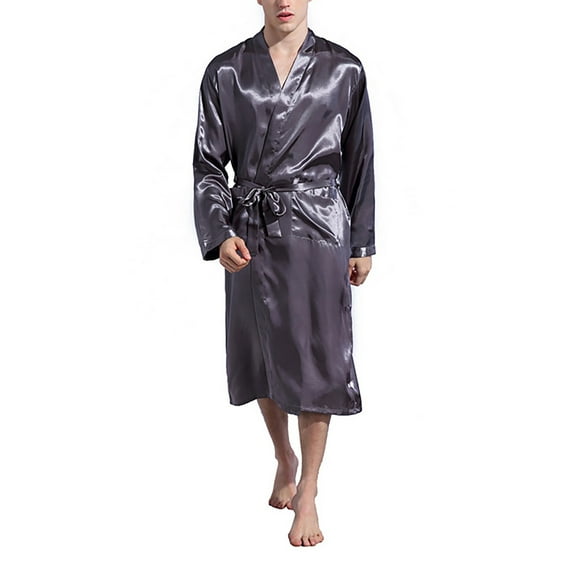 Mens Silk Robe Men Bathrobes Kimono Cotton Robe Thin, Solid Color, Plus Size, Cardigan Black Grey Robe
