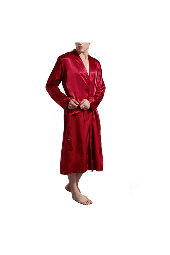 Mens Silk Robe Men Bathrobes Kimono Cotton Robe Thin, Solid Color, Plus Size, Cardigan Black Red Robe