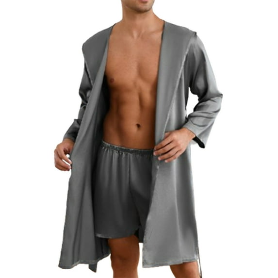 Mens Silk Robe Set Satin Short Hooded Bathrobe Shorts Belt Soft Spring Summer Home Wear Night-Robe Sleepwear, Gray, M