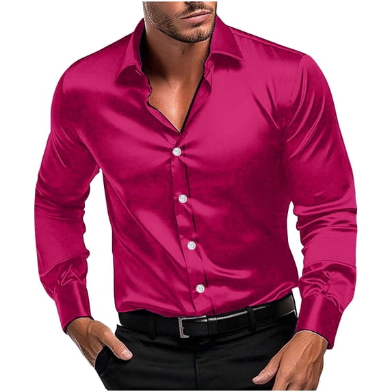 Mens Silk Satin Dress Shirts Shiny Long Sleeve Button Down Shirt for Party Prom Wedding