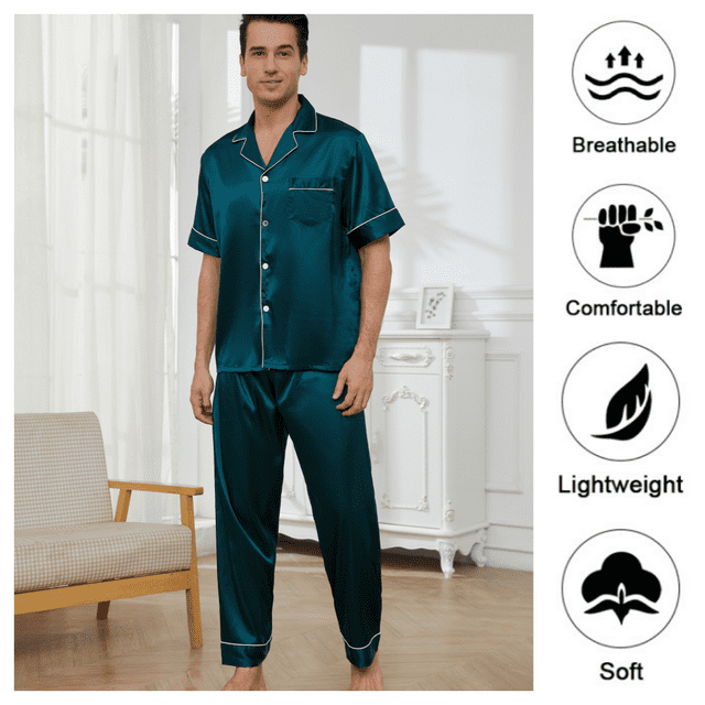 Mens Silk Satin Pajama Set Short Sleeve Button Down Pajama Set For Men