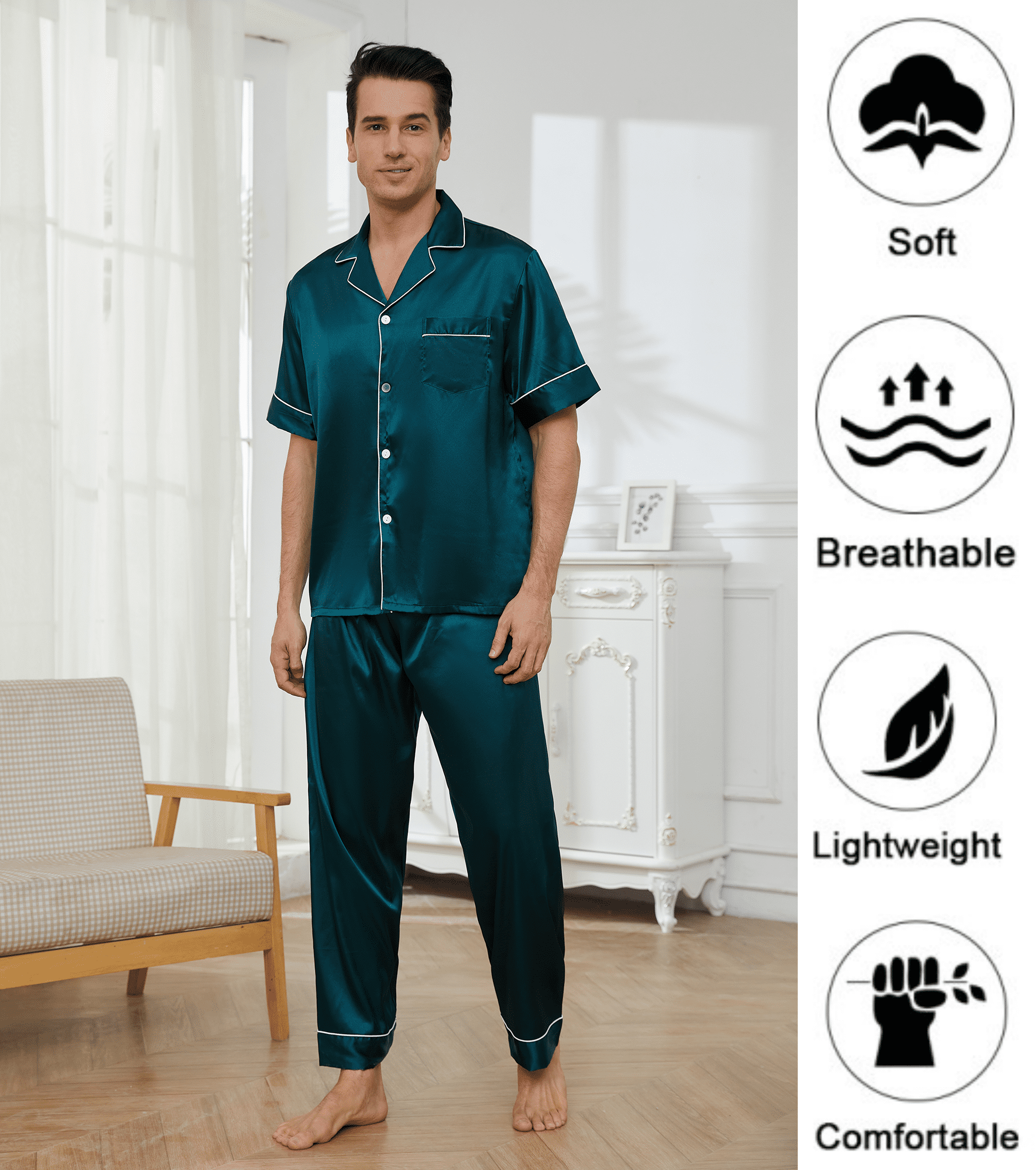 Pyjama Homme 2 Pièces En Satin - Haut Manches Courtes à Boutons & Short - Léger Et Confortable - Pour L'Été