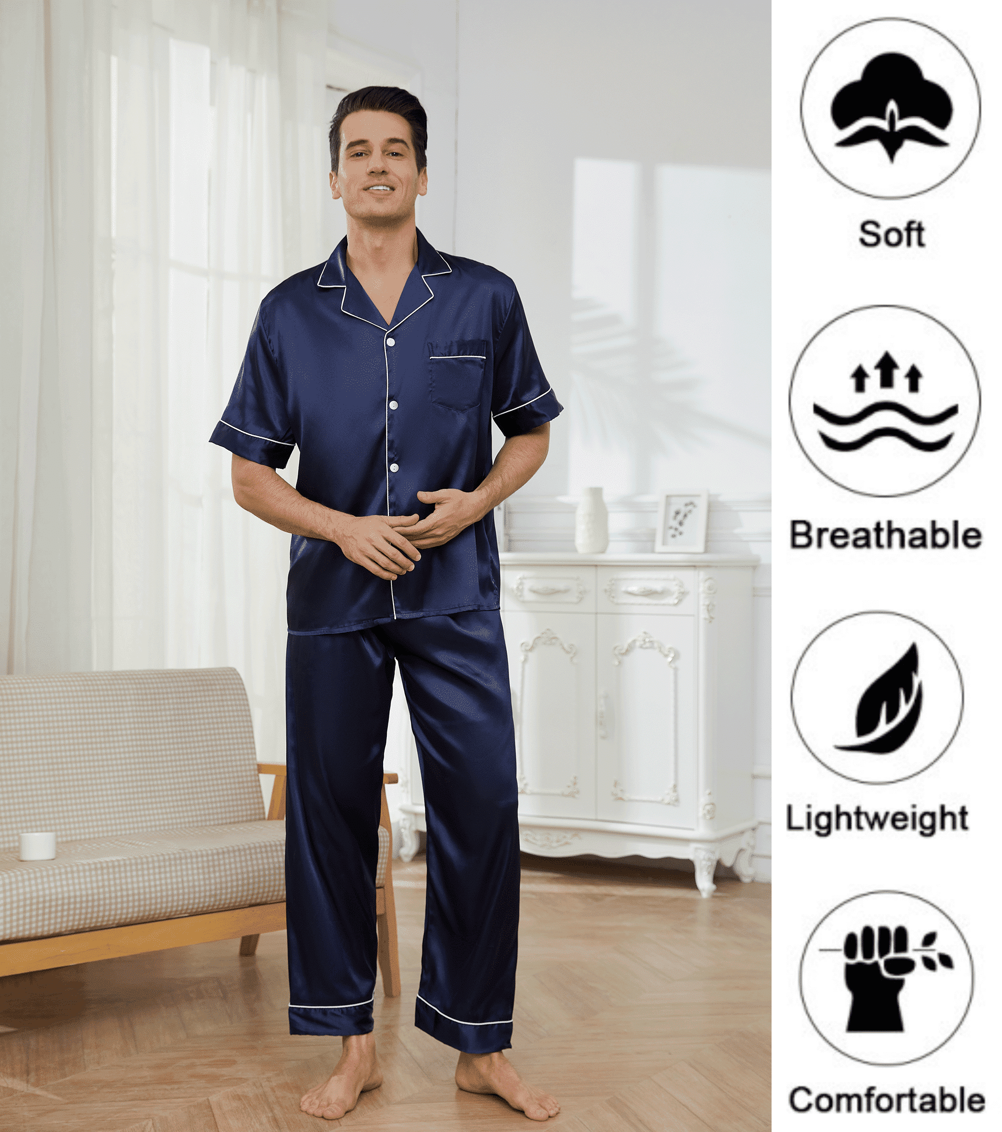 Mens Silk Satin Pajama Set Short Sleeve Button Down Pajama Set for Men ...