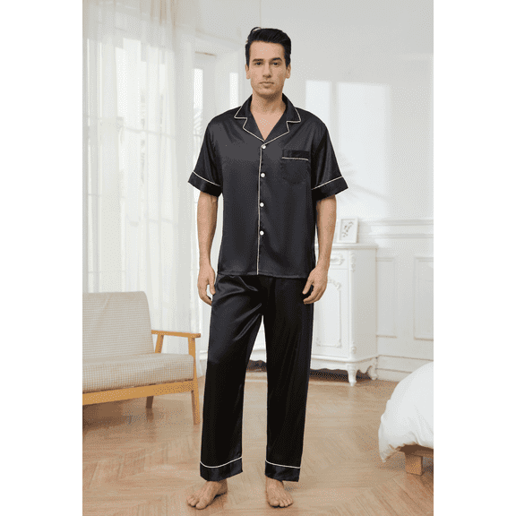 Mens Silk Satin Pajama Set Short Sleeve Button Down Pajama Set for Men 2 Piece Men's Satin Sleepwear Men's Long Pants Pajamas Set Mens Soft Loungewear Sets, S-XXL