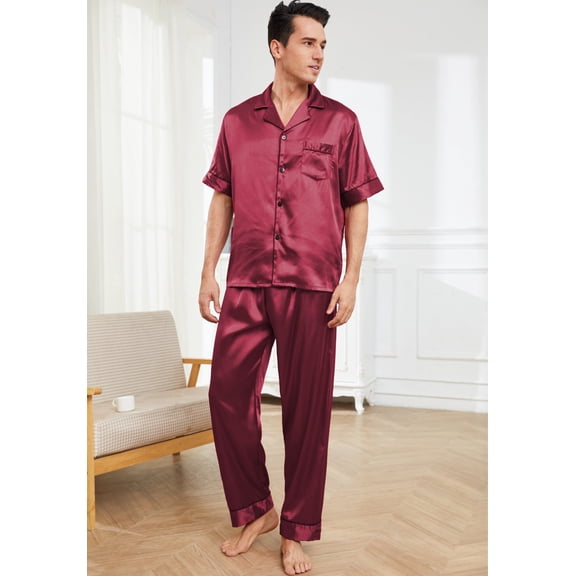 Mens Silk Satin Pajama Set Short Sleeve Button Down Pajama Set for Men 2 Piece Men's Satin Sleepwear Men's Long Pants Pajamas Set Mens Soft Loungewear Sets, S-XXL