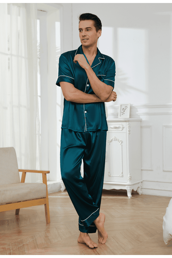 Mens Silk Satin Pajama Set Short Sleeve Button Down Pajama Set for Men 2 Piece Men's Satin Sleepwear Men's Long Pants Pajamas Set Mens Soft Loungewear Sets, S-XXL