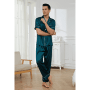 Mens Silk Satin Pajama Set Short Sleeve Button Down Pajama Set for Men 2 Piece Men's Satin Sleepwear Men's Long Pants Pajamas Set Mens Soft Loungewear Sets, S-XXL