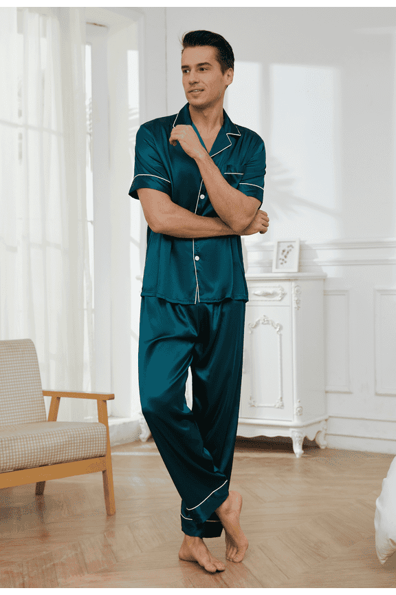 Mens Silk Satin Pajama Set Short Sleeve Button Down Pajama Set for Men 2 Piece Men's Satin Sleepwear Men's Long Pants Pajamas Set Mens Soft Loungewear Sets, S-XXL