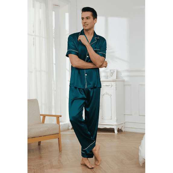 Mens Silk Satin Pajama Set Short Sleeve Button Down Pajama Set for Men 2 Piece Men's Satin Sleepwear Men's Long Pants Pajamas Set Mens Soft Loungewear Sets, S-XXL