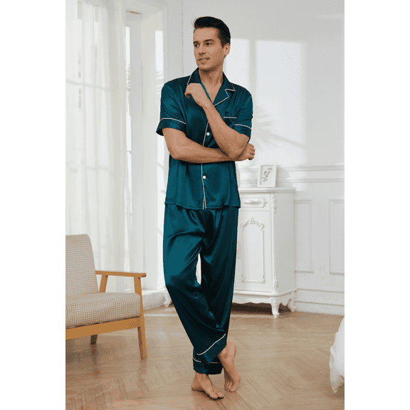 Mens Silk Satin Pajama Set Short Sleeve Button Down Pajama Set for Men 2 Piece Men's Satin Sleepwear Men's Long Pants Pajamas Set Mens Soft Loungewear Sets, S-XXL
