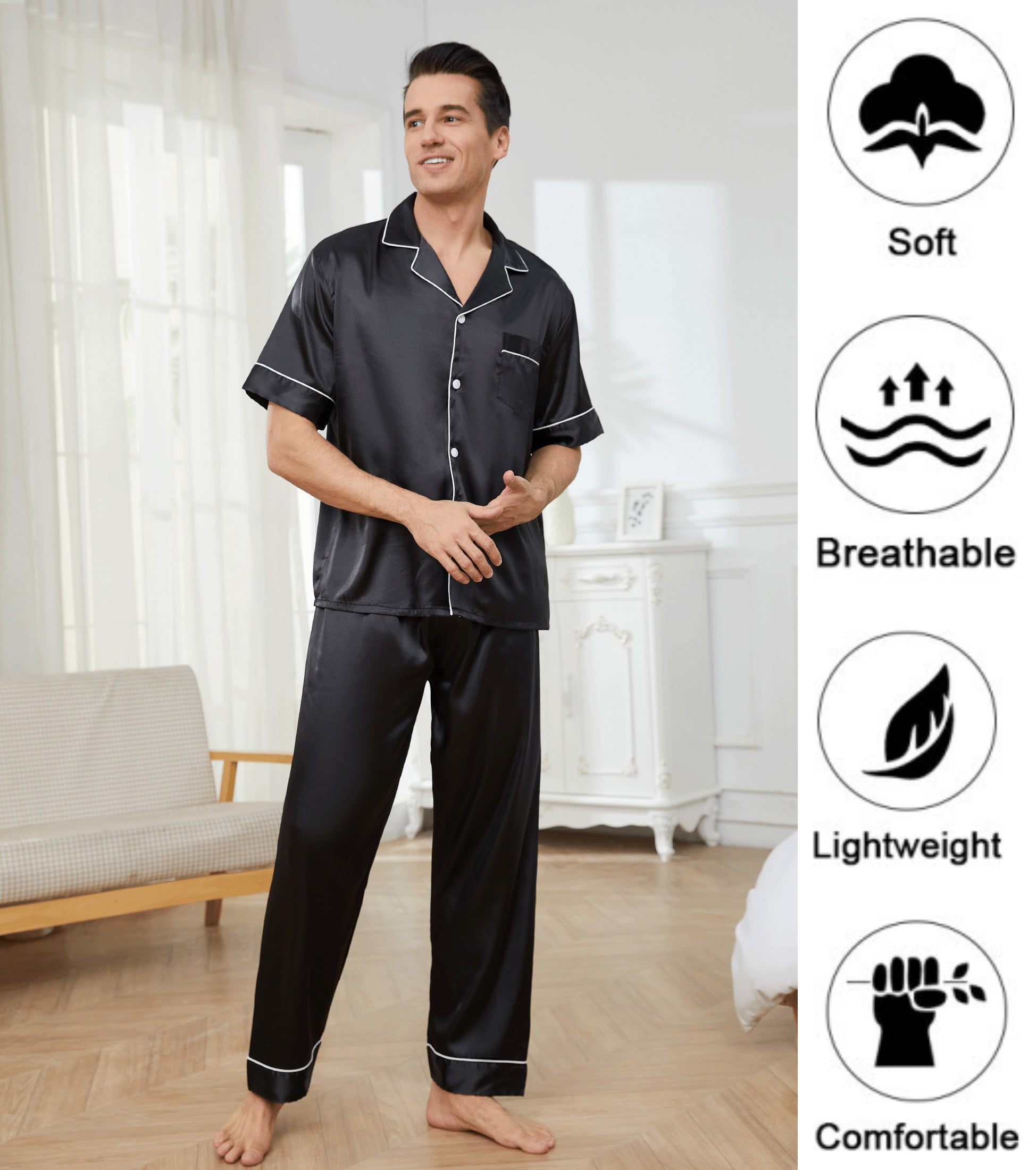 GAESHOW Pyjama En Soie Pour Femme En Satin à Manches Courtes Et Boutons – Vêtement De Nuit – Vêtement De Détente – Ensemble Pyjama 2 Pièces – Noir