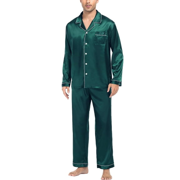 Mens Silk Satin Pajamas Long Sleeve Loungewear Two-piece Sleepwear Button-Down Pj Set