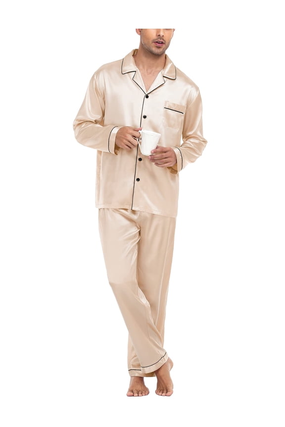 Mens Silk Satin Pajamas Long Sleeve Loungewear Two-piece Sleepwear Button-Down Pj Set