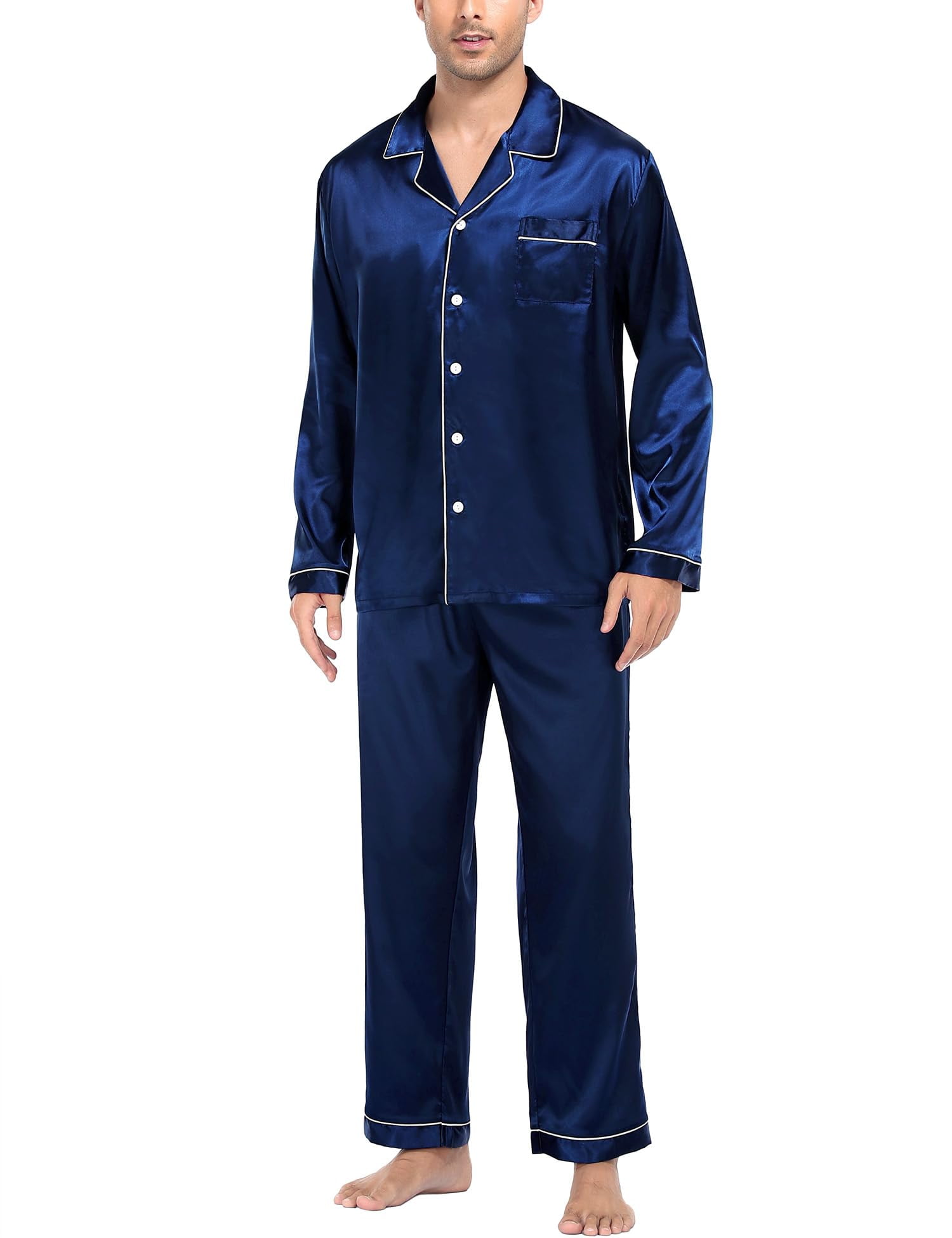 Mens Silk Satin Pajamas Long Sleeve Loungewear Two Piece Sleepwear