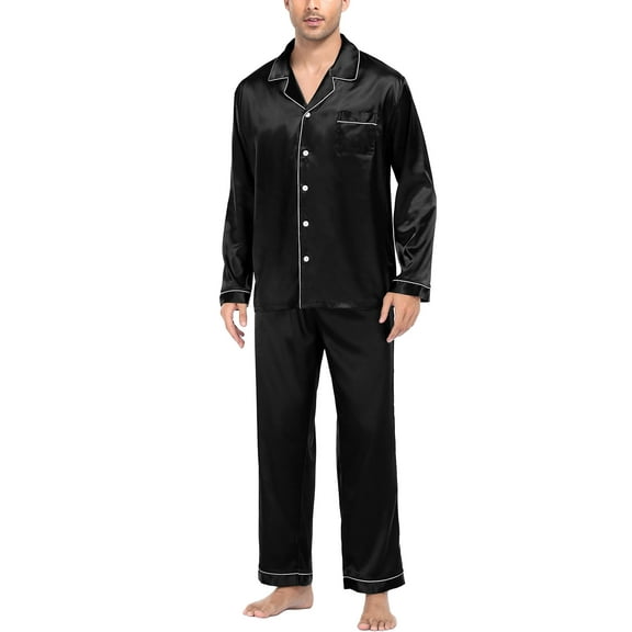 Mens Silk Satin Pajamas Long Sleeve Loungewear Two-piece Sleepwear Button-Down Pj Set