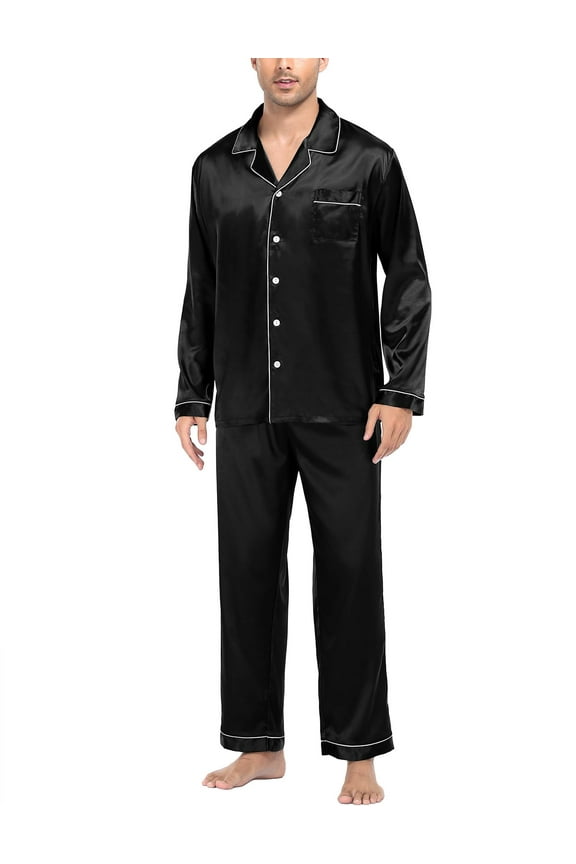 Mens Silk Satin Pajamas Long Sleeve Loungewear Two-piece Sleepwear Button-Down Pj Set