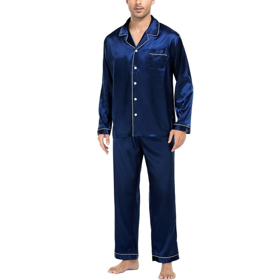 Mens Silk Satin Pajamas Long Sleeve Loungewear Two-piece Sleepwear Button-Down Pj Set