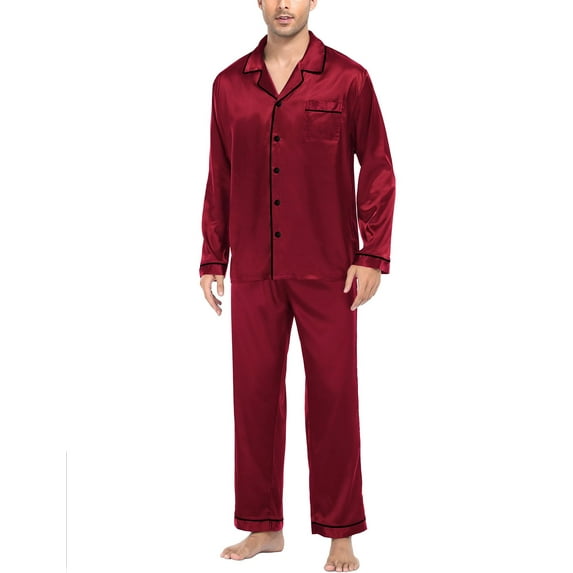Mens Silk Satin Pajamas Long Sleeve Loungewear Two-piece Sleepwear Button-Down Pj Set