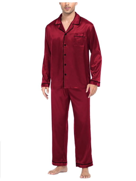 Mens Silk Satin Pajamas Long Sleeve Loungewear Two-piece Sleepwear Button-Down Pj Set