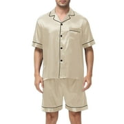 Mens Silk Satin Pajamas Set Short Sleeve Button Down Pajama Set Shorts Pjs Sleepwear Nightwear Soft Sleep Set with Pocket