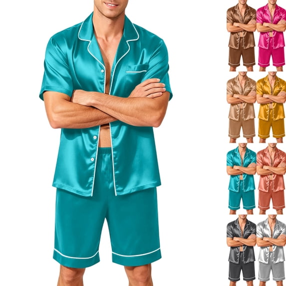 Mens Silk Satin Pajamas Set Short Sleeve Sleepwear Button-Down Pjs Sets Two-Pieces Loungewear with Pockets Cyan XL