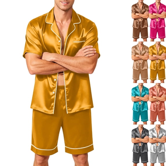 Mens Silk Satin Pajamas Set Short Sleeve Sleepwear Button-Down Pjs Sets Two-Pieces Loungewear with Pockets Orange XL