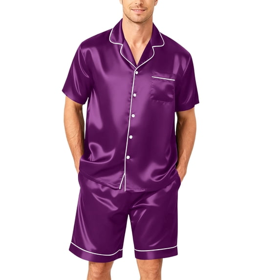 Mens Silk Satin Pajamas Sets Short Sleeve Sleepwear Button Down Summer 2 Pcs Loungewear with Pockets S-4xl