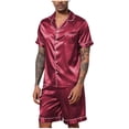thumbnail image 1 of Mens Silk Satin Pajamas Summer 2 Piece Sleepwear Button Down Short Sleeve Shirts Shorts Comfy Pjs Lounge Wear Set Wine, M, 1 of 4