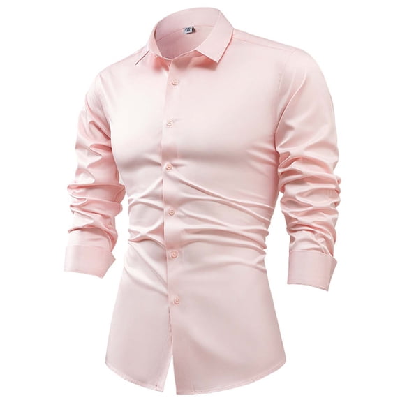 Mens Silk Satin Shirts Business Long Sleeve Button-Down Collared T-Shirts Trendy Solid Color Slim-Fit Soft Lapel Office Work Tshirts Tops