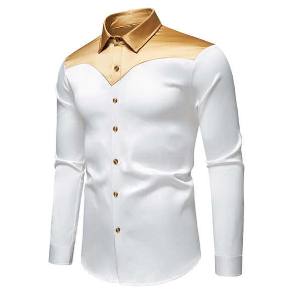 Mens Silk Shirts Long Sleeve Button-Down Collared Tshirts Shirt Trendy Color-Block Slim-Fit Soft Party Lapel T-Shirts Tops 2025