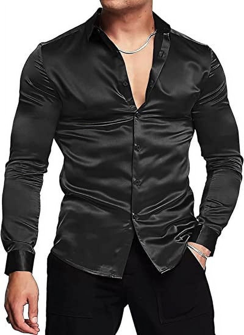 Mens Silk Shirts Long SleeveLuxury Shiny Silk Satin Party Dress Shirt