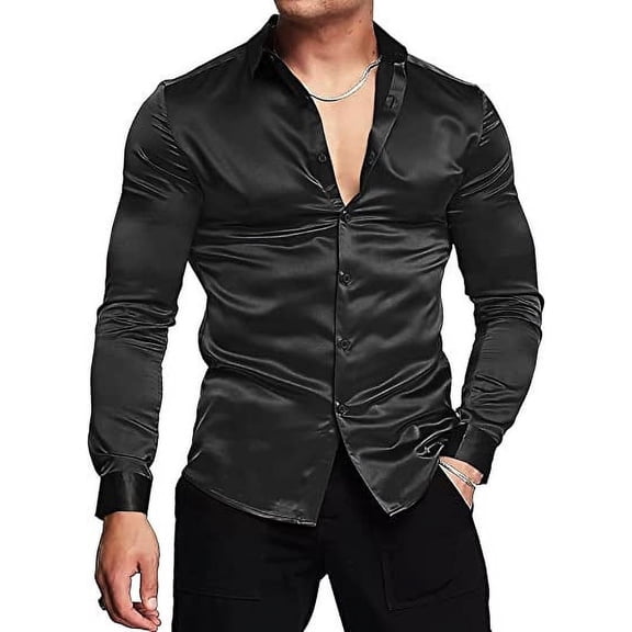 Mens Silk Shirts Long Sleeve-Luxury Shiny Silk Satin Party Dress Shirt Button Up Casual Muscle Fit for Men(Black,L)